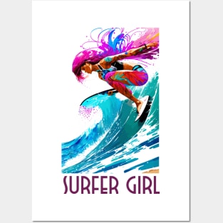 surfer girl, beach surf, wave riding, v1 Posters and Art